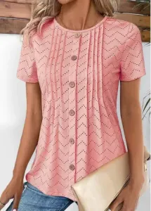 Modlily Light Pink Tuck Stitch Short Sleeve T Shirt - L #1298852