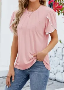 Modlily Light Pink Tuck Stitch Short Sleeve T Shirt - M #1293882