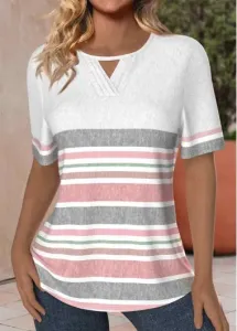 Modlily Light Pink Tuck Stitch Striped Short Sleeve T Shirt - S