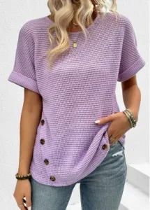 Modlily Light Purple Button Short Sleeve Round Neck T Shirt - L