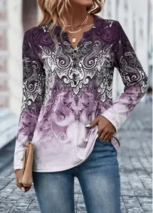 Modlily Light Purple Button Tribal Print T Shirt - M