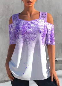 Modlily Light Purple Cold Shoulder Lace Stitching T Shirt - S