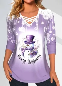 Modlily Light Purple Criss Cross Snowman Print Christmas T Shirt - L