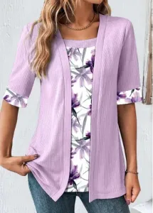 Modlily Light Purple Fake 2in1 Floral Print T Shirt - L #1013568