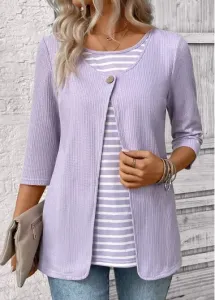 Modlily Light Purple Fake 2in1 Striped 3/4 Sleeve T Shirt - L
