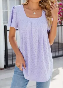 Modlily Light Purple Hole Short Sleeve Square Neck T Shirt - L