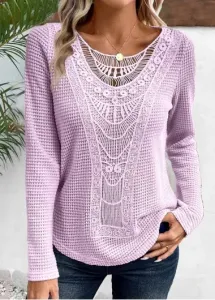 Modlily Light Purple Lace Long Sleeve Round Neck T Shirt - S