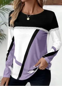 Modlily Light Purple Patchwork Geometric Print Long Sleeve T Shirt - XXL