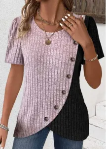 Modlily Light Purple Patchwork Short Sleeve Round Neck T Shirt - S