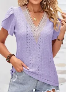 Modlily Light Purple Patchwork Short Sleeve T Shirt - L