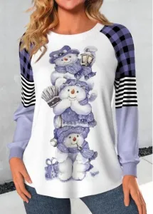 Modlily Light Purple Patchwork Snowman Print Long Sleeve T Shirt - S