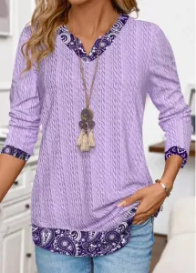 Modlily Light Purple Patchwork Tribal Print Long Sleeve T Shirt - L