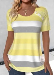 Modlily Light Yellow Button Striped Short Sleeve T Shirt - M