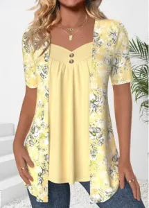 Modlily Light Yellow Fake 2in1 Floral Print T Shirt - XXL