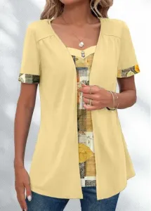 Modlily Light Yellow Fake 2in1 Tribal Print T Shirt - XXL