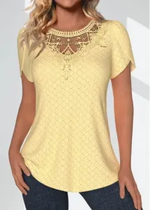 Modlily Light Yellow Lace Short Sleeve Round Neck T Shirt - L