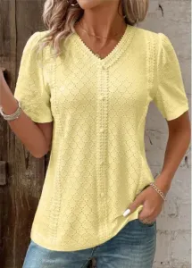 Modlily Light Yellow Patchwork Short Sleeve V Neck T Shirt - L