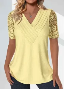 Modlily Light Yellow Lace Short Sleeve V Neck T Shirt - XL