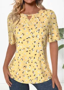 Modlily Light Yellow Tuck Stitch Ditsy Floral Print T Shirt - L