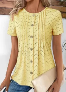 Modlily Light Yellow Tuck Stitch Short Sleeve T Shirt - S