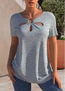 Modlily Marled Cutout Front Shirt Cutout Chest Short Sleeve T Shirt - XL
