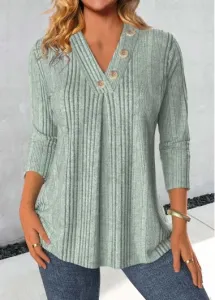 Modlily Sage Green Button Long Sleeve V Neck T Shirt - XL