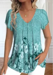Modlily Mint Green Embroidery Floral Print Short Sleeve T Shirt - XXL