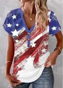 Modlily 4th of July Tops for Women Patriotic Multi Color Button Usa Flag Print T Shirt - M