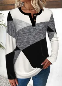Modlily Multi Color Button Geometric Print Long Sleeve T Shirt - XL