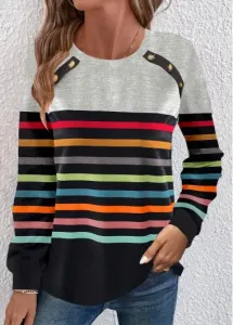 Modlily Multi Color Button Long Sleeve Round Neck T Shirt - M #1232157