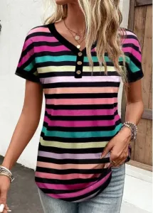 Modlily Multi Color Button Striped Short Sleeve T Shirt - L