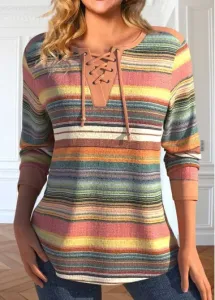 Modlily Multi Color Lace Up Long Sleeve T Shirt - L