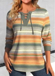 Modlily Multi Color Lace Up Striped T Shirt - L