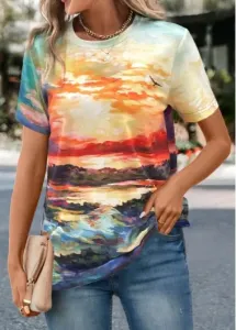 Modlily Multi Color Landscape Print Short Sleeve T Shirt - XXL