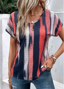 Modlily Multi Color Lightweight Striped Short Sleeve T Shirt - M