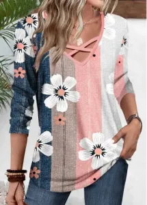 Modlily Multi Color Patchwork Floral Print Long Sleeve T Shirt - L