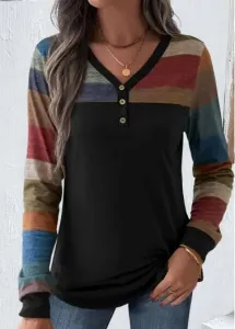 Modlily Multi Color Patchwork Striped Long Sleeve T Shirt - S #1021672