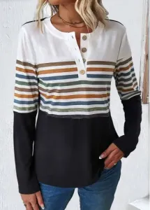 Modlily Multi Color Patchwork Striped Long Sleeve T Shirt - XXL #1077043
