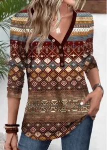 Modlily Multi Color Patchwork Tribal Print Long Sleeve T Shirt - XL