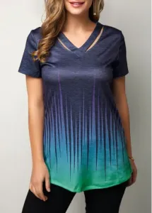 Modlily Navy Blue Casual Shirt for Women Dazzle Color Cutout Neckline Short Sleeve T Shirt - M