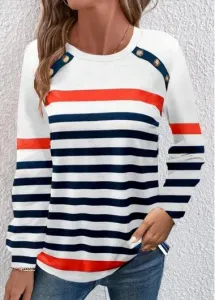Modlily Navy Button Multi Stripe Print Long Sleeve T Shirt - L