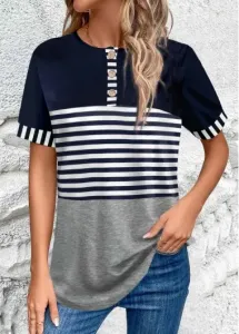 Modlily Navy Button Striped Short Sleeve T Shirt - L #944546