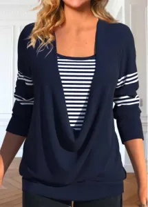 Modlily Navy Fake 2in1 Striped Long Sleeve T Shirt - L