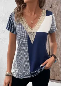 Modlily Navy Lace Geometric Print Short Sleeve T Shirt - 2XL