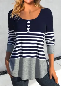 Modlily Navy Patchwork Striped Long Sleeve T Shirt - L #1102819