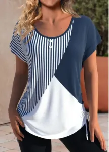Modlily Navy Patchwork Striped Short Sleeve Round Neck T Shirt - XXL