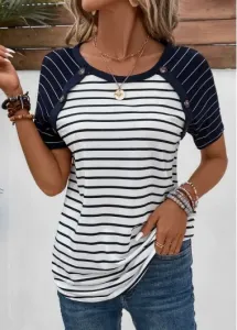 Modlily Navy Patchwork Striped Short Sleeve T Shirt - S