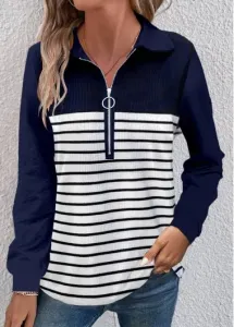 Modlily Navy Zipper Striped Long Sleeve T Shirt - XXL