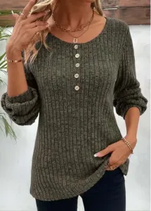 Modlily Olive Green Button Long Sleeve Round Neck T Shirt - S