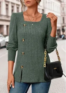 Modlily Olive Green Button Long Sleeve Square Neck T Shirt - XL